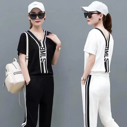 M&T Wear - Tracksuits Women 2 Pieces Sets Casual Short Sleeve V-Neck Pullover Tops Trousers Sportswear Suit 2025 New Elegant Female Clothes