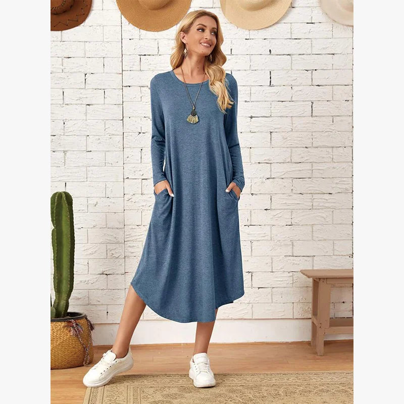 Women's 2025 Fall Winter Knit Dress - Solid Color Swing Dress with Side Pockets, Casual A-Line Tunic Dress