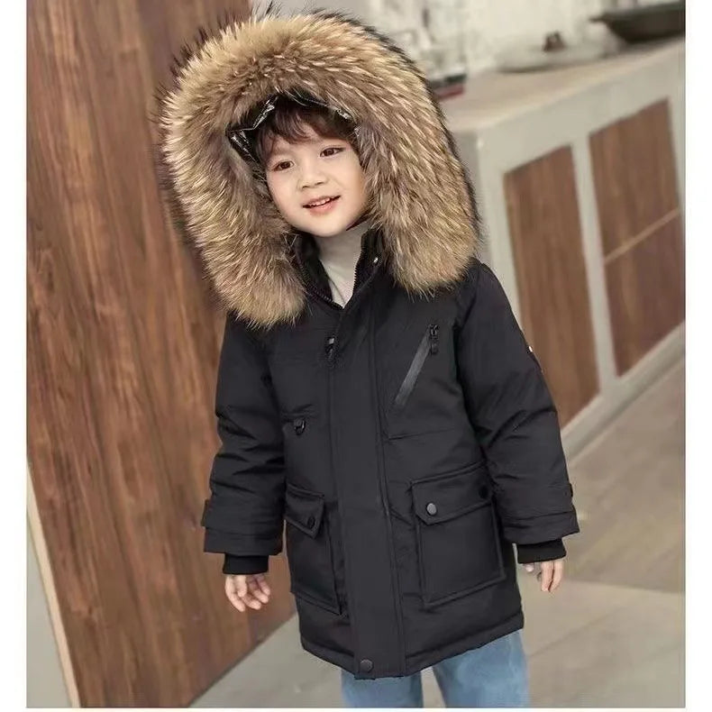M7T Wear - Winter Kids Padded Jacket Children Thick Plus Velvet Warm Parkas Coat Boys Girls Fur Collar Hooded Cotton Clothes Outerwea