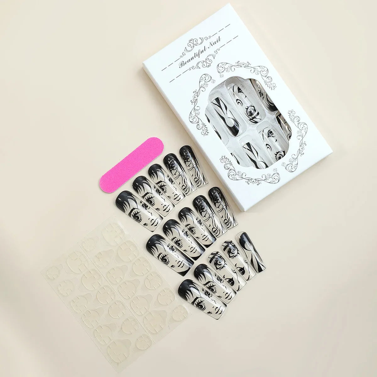 M&T Wear – 24PCS Black & White French Tips Press-On Nails with Anime Comics Design