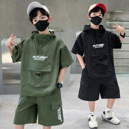 M&T Wear - Children Tracksuits Set Kids Short Sleeves Hooded T-Shirt + Shorts Two Piece Set Solid Color Sportswear Sport Suit