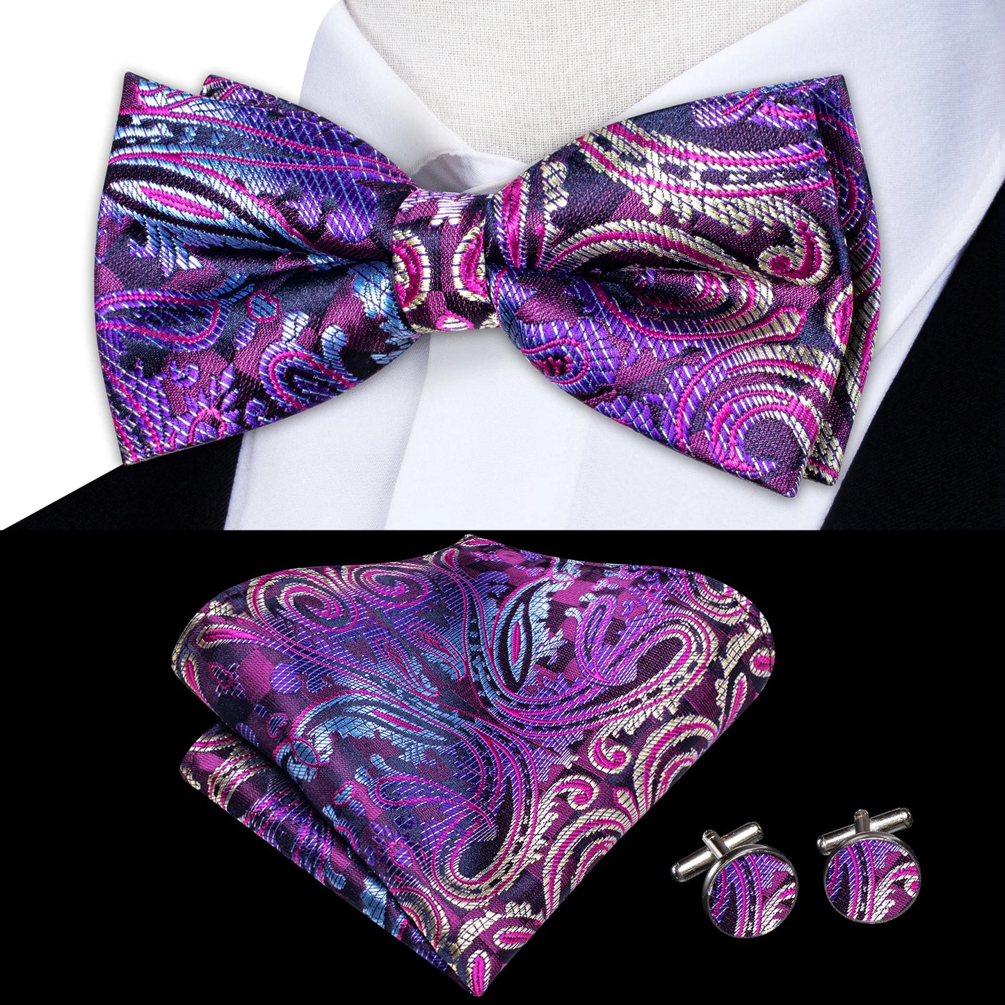 Hi-Tie 60 Color Classic Bow Ties for Men Silk Butterfly Pre-Tied Male Bowtie Pocket Square Cufflinks Set Jacquard Paisley Floral