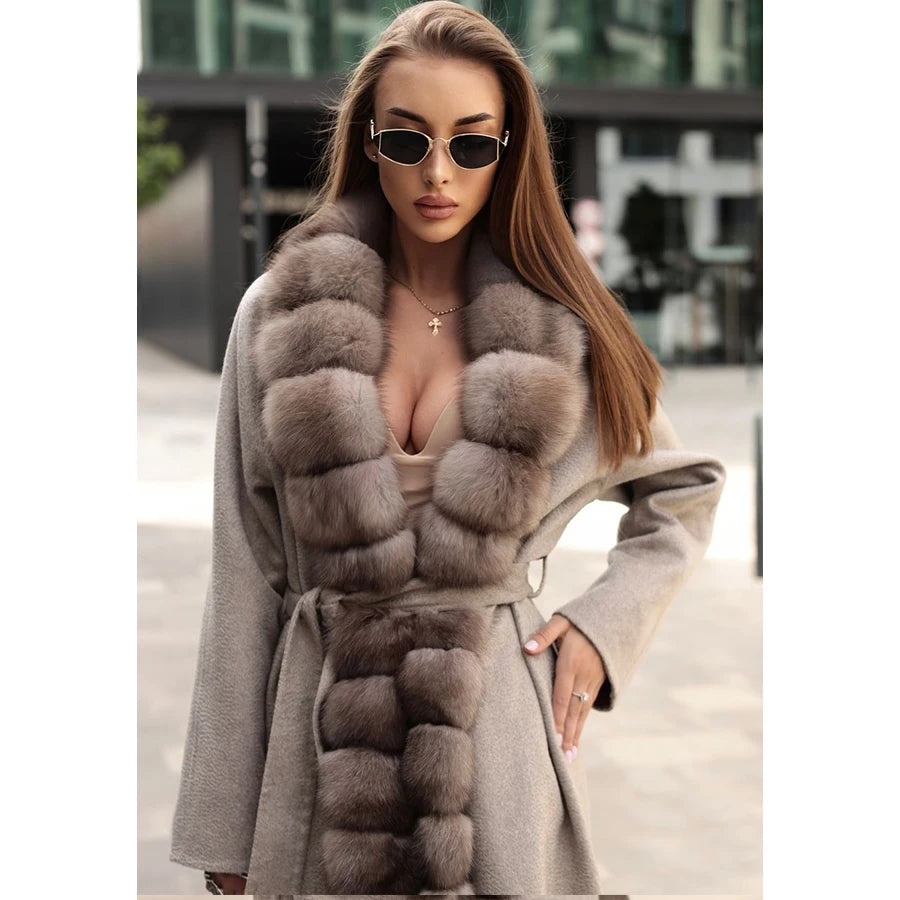 M&T Wear - Luxury Natural Wool Long Coat with Real Fox Fur Trim