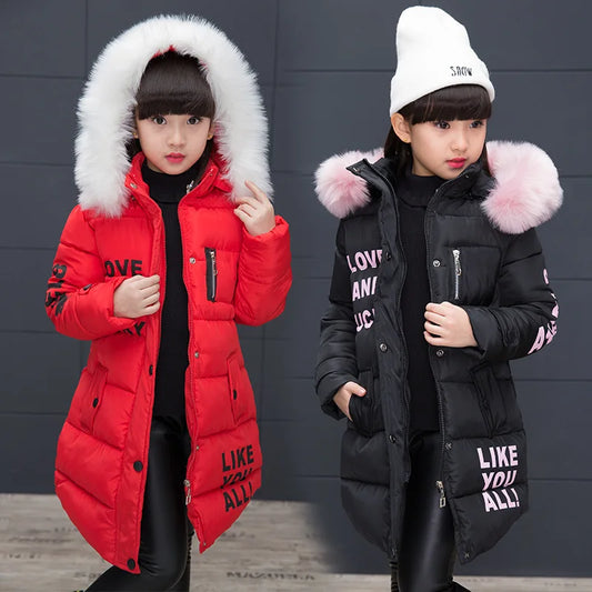 M&T Wear - Winter Warm Jackets for Girls Fashion Fur Hooded Children Girls Waterproof Outwear Kids Cotton Lined Parkas