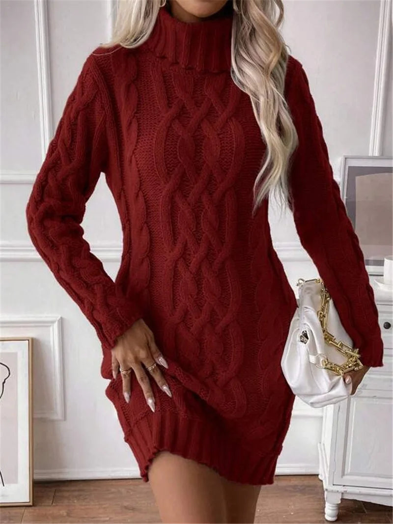 M&T Wear - Simple Slim-Fit High-Neck Mini Sweater Dress
