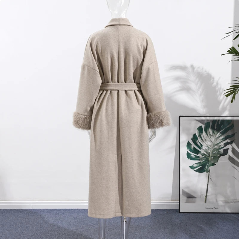 Elegant Solid Long Overcoat Women Turn-down Collar Lace Up Full Sleeve Classic Warm Coat 2025 New Lady Autumn Winter Casual Wear