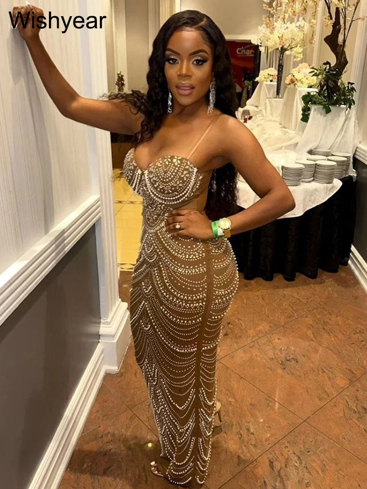 M&T Wear - New Luxury Sparkly Crystal Rhinestone Pearl Celebrities Gown Brown Dress Woman Strap Evening Party Birthday Prom Wedding Vestido