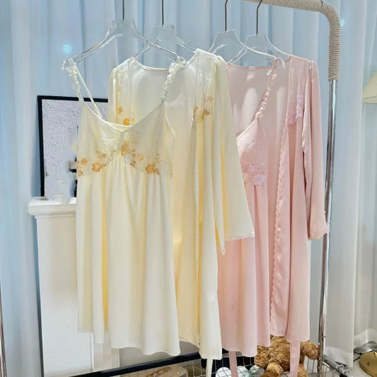 M&T Wear - Female Nighty & Robe Set Sexy Embroidery Lace Nightgown Home Dress Summer Sleepwear Silky Thin Rayon Loungewear q