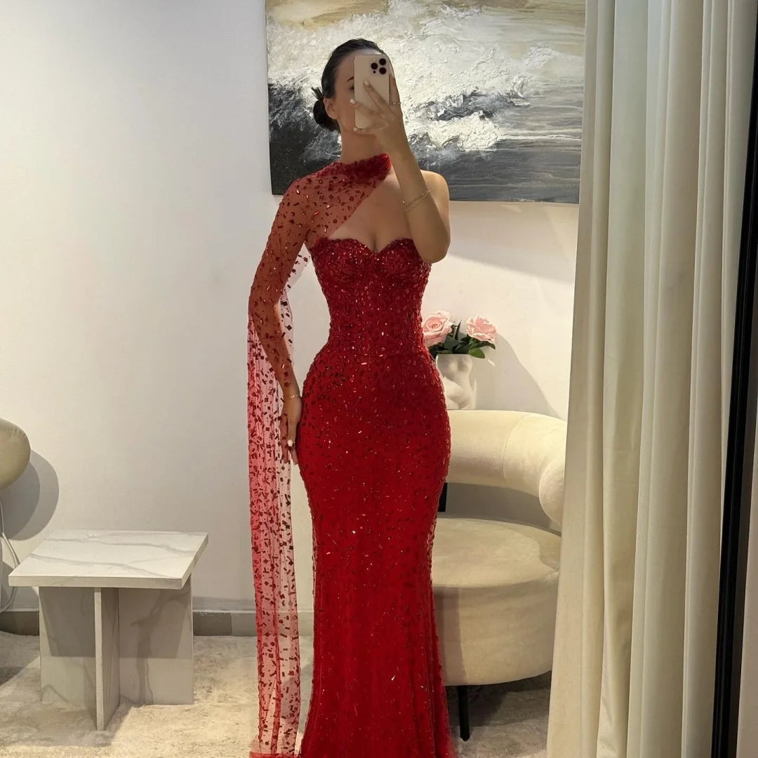 M&T Wear - Sansa Customized Red Mermaid Glitter Strapless Prom Dresses Floor