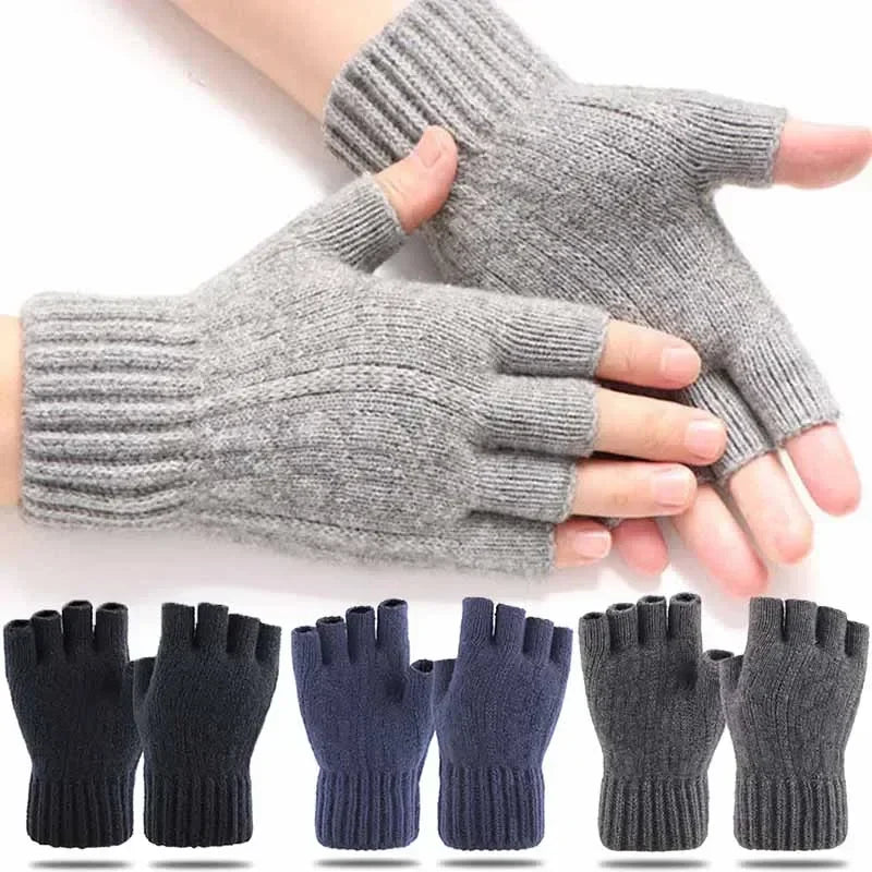 M&T Wear - Winter Gloves For Men Half Finger Writing Office Cycling Knitted Gloves Students Alpaca Wool Warm Thick Elastic Driving Gloves