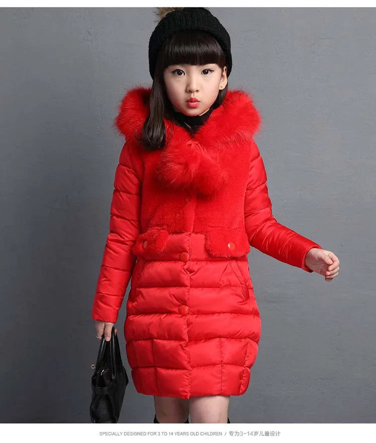 M&T Wear - Winter Warm Jackets for Girls Fashion Fur Hooded Children Girls Waterproof Outwear Kids Cotton Lined Parkas