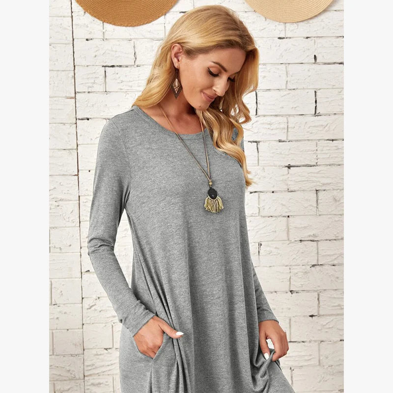 Women's 2025 Fall Winter Knit Dress - Solid Color Swing Dress with Side Pockets, Casual A-Line Tunic Dress