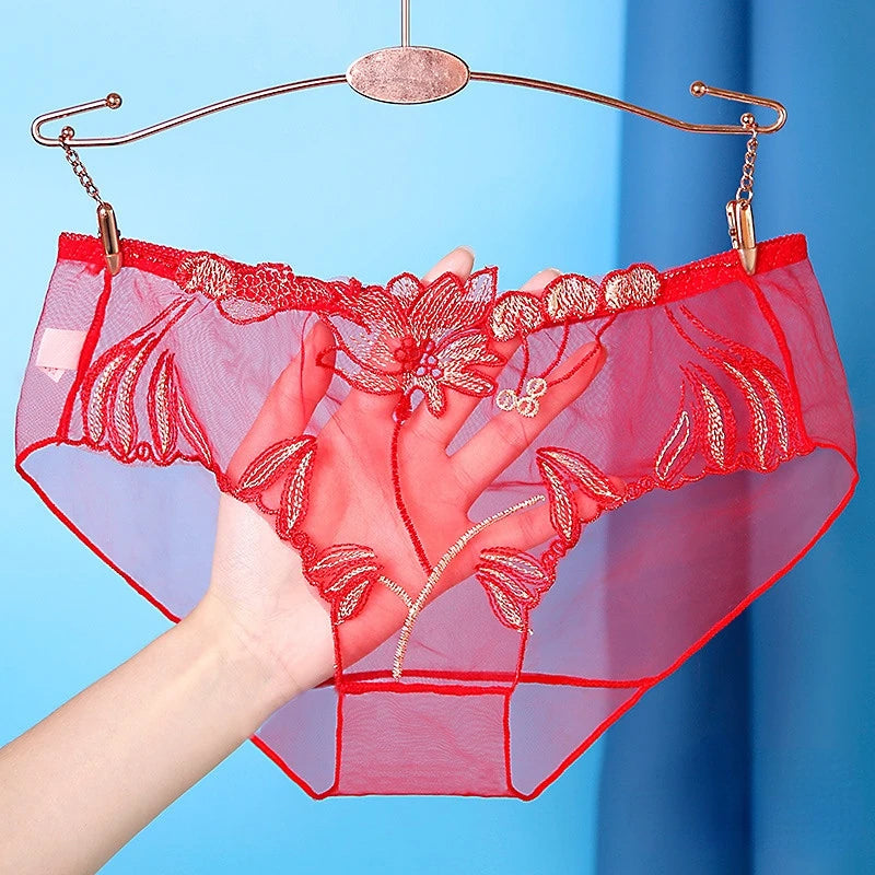 M&T Wear - Plus Size Sexy Perspective Flower Embroidery Low Waist Panties
