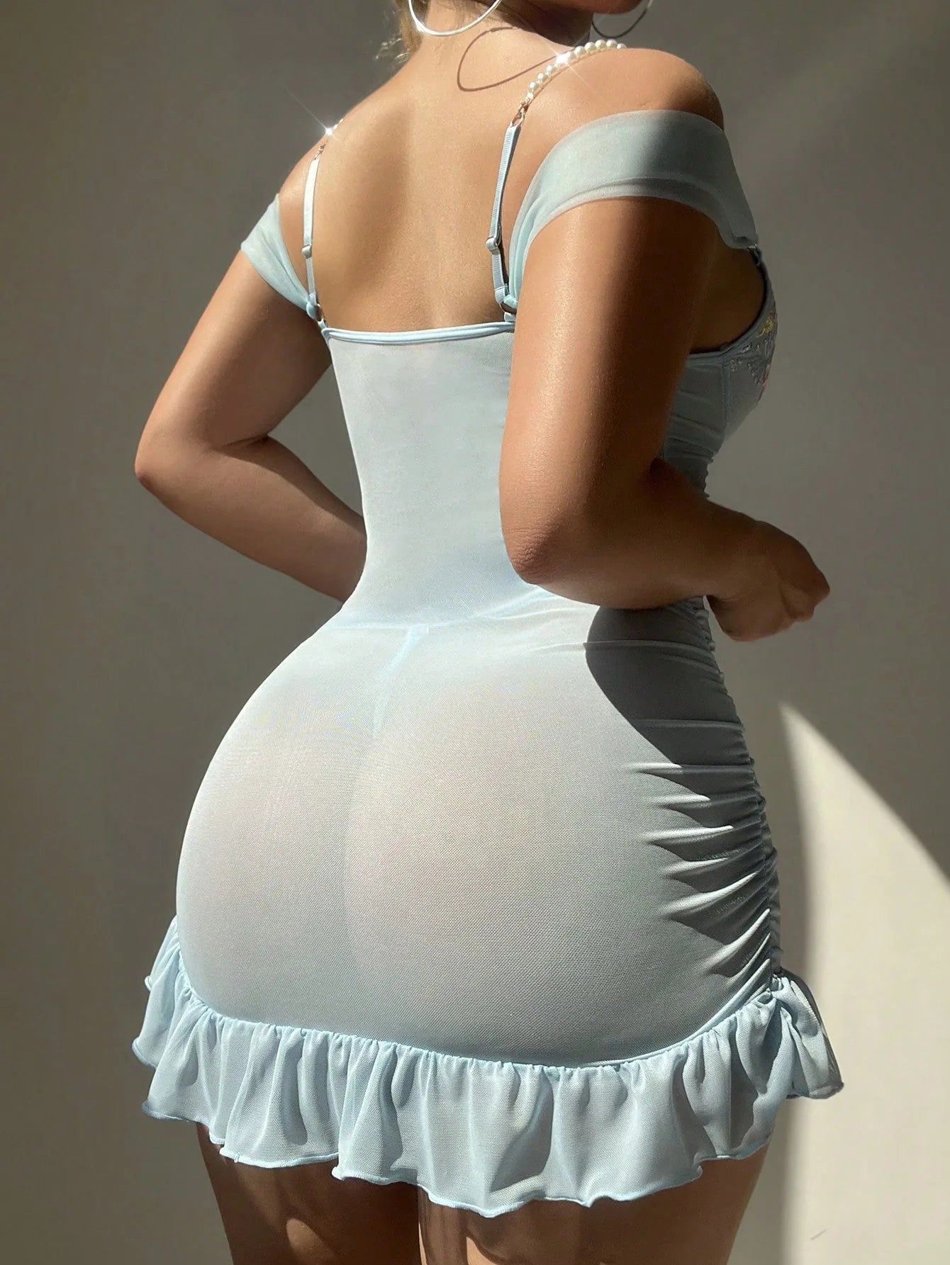 M&T Wear - Sheer Mesh Deep V-Neck Lace Lingerie Bodysuit Nightgown