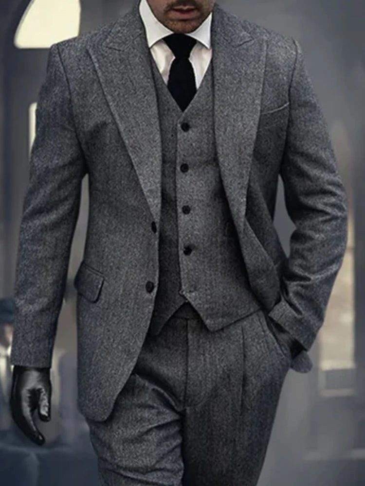 M&T Wear - 100% Wool 3-Piece Tweed Suit for Men – Premium Tailored Herringbone Gray Formal Attire