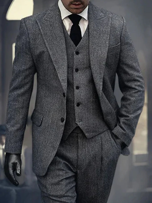 M&T Wear - 100% Wool 3-Piece Tweed Suit for Men – Premium Tailored Herringbone Gray Formal Attire