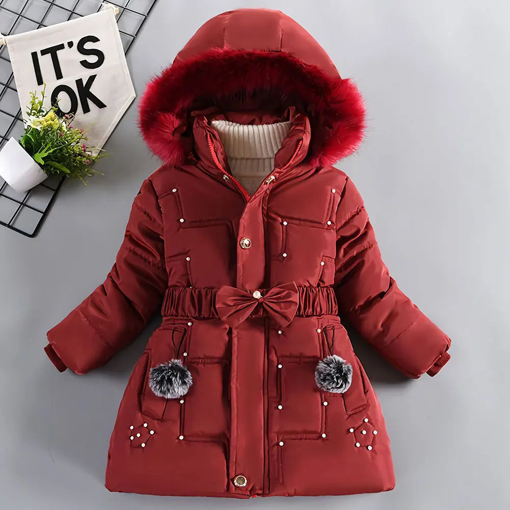 M&T Wear - Children's Winter Jacket Thick Warm Fur Collar Hood Beads Elastic Waist Teens Girls Down Coat,Fashion Windproof Kids Overcoat