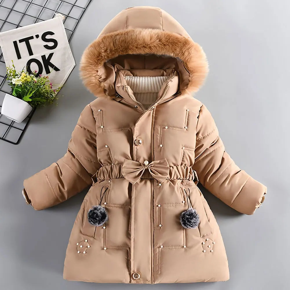 M&T Wear - Children's Winter Jacket Thick Warm Fur Collar Hood Beads Elastic Waist Teens Girls Down Coat,Fashion Windproof Kids Overcoat