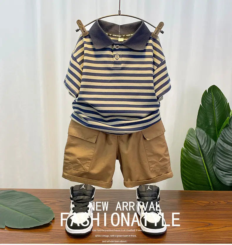 M&T Wear - Korean Children's Clothes 2025 Summer Kids Clothes Boys Outfits Baby Thin Short Sleeves Stripe Polo Shirt +Shorts Two Pieces Set