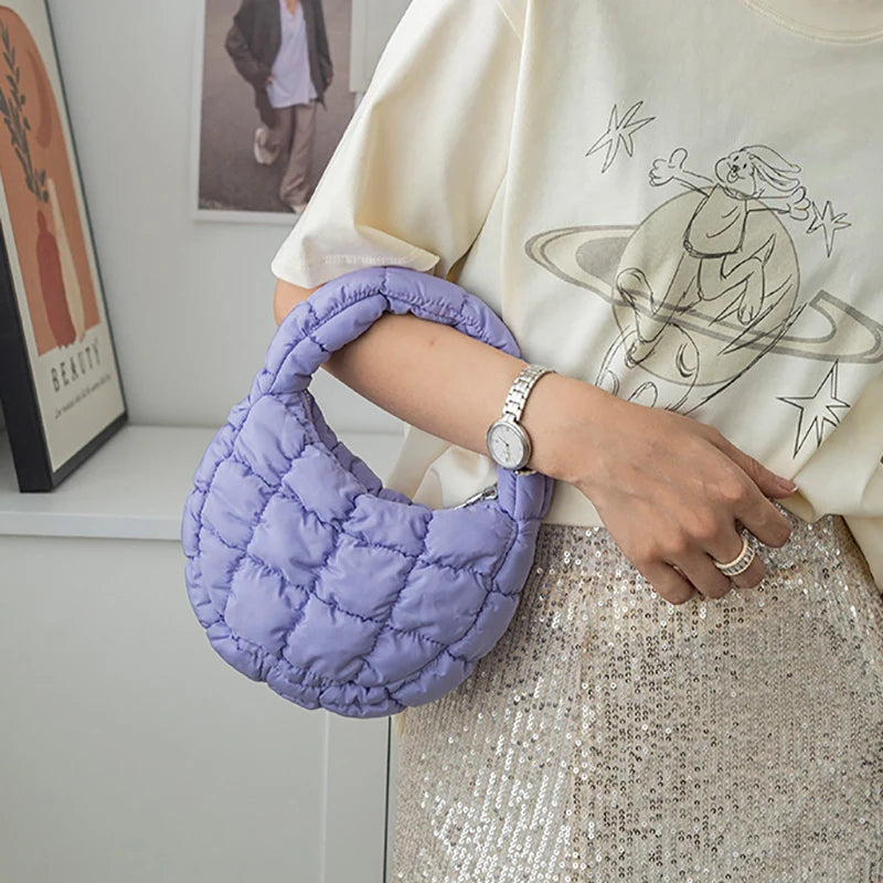 M&T Wear - Fashion Mini Puffer Tote Bag Quilted Circle Phone Purse in Elegant Purple