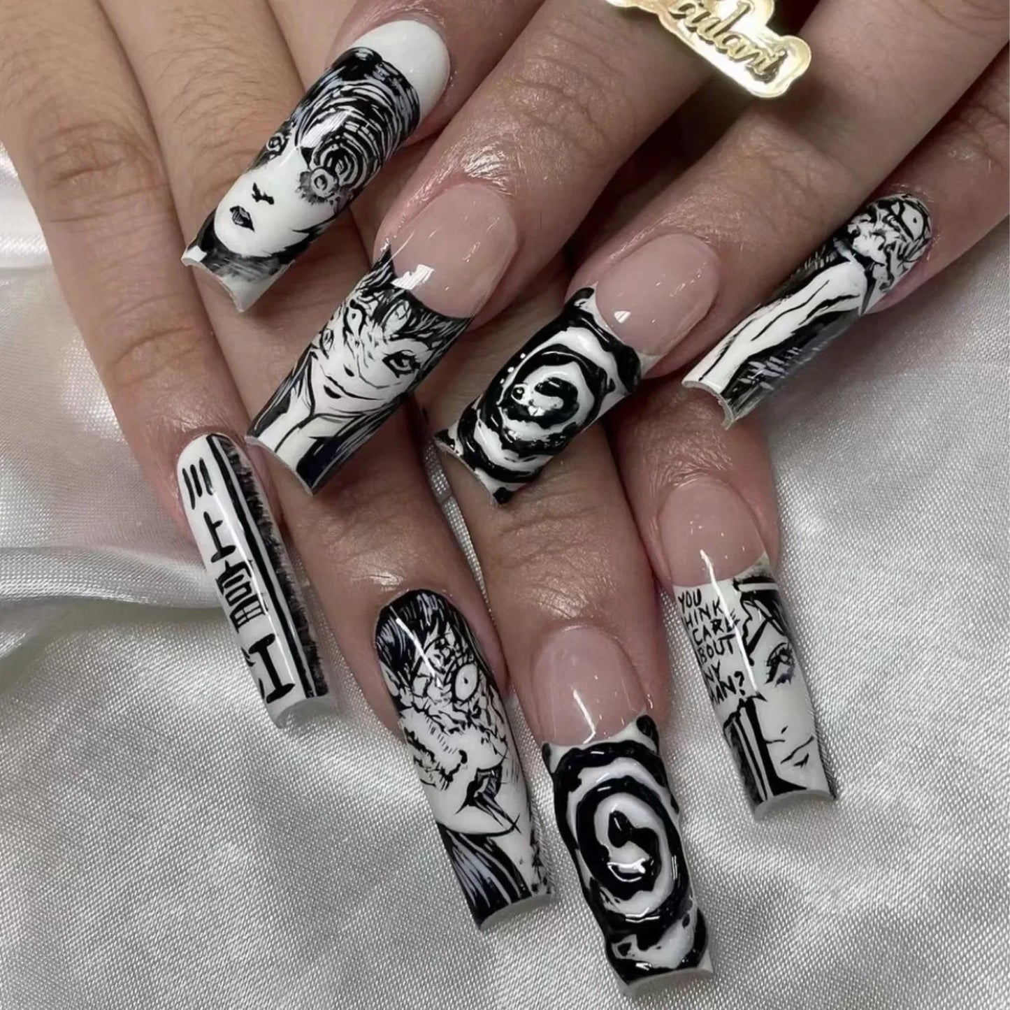 M&T Wear – 24PCS Black & White French Tips Press-On Nails with Anime Comics Design