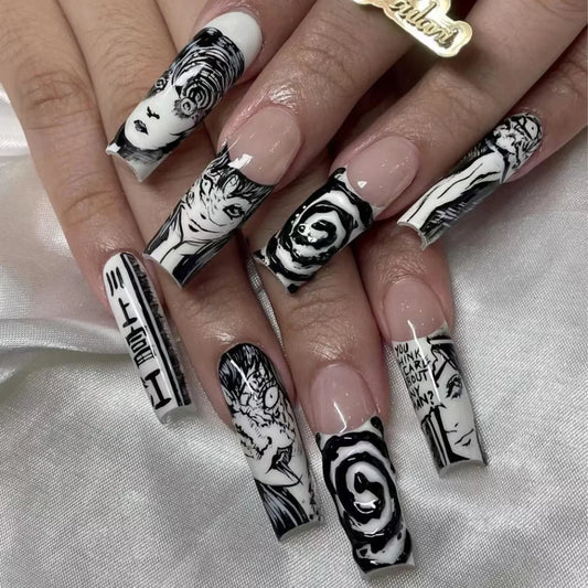 M&T Wear – 24PCS Black & White French Tips Press-On Nails with Anime Comics Design