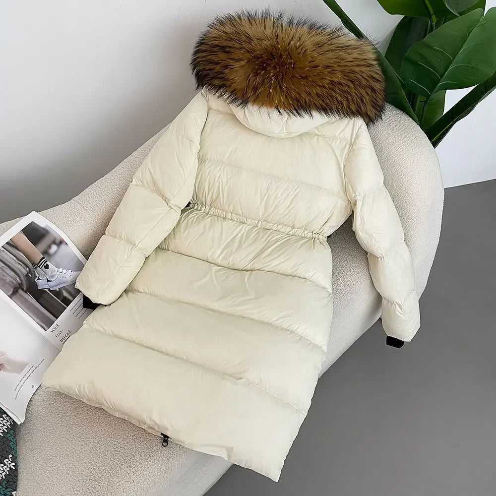 M&T Wear - Luxury Real Fox Fur Hooded White Duck Down Long Coat