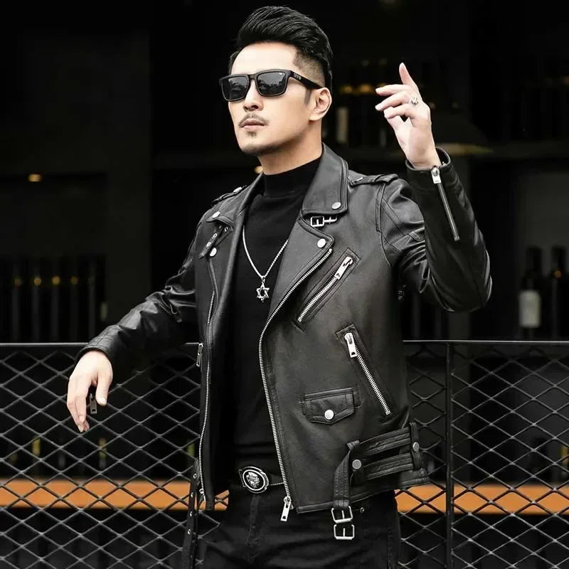 M&T Wear - Men Outdoor Sport Leather Jacket Motorcycle Cool Coat Jacket Men Lapel Leather Jackets Mens Fashion Clothing Real Leather Coat