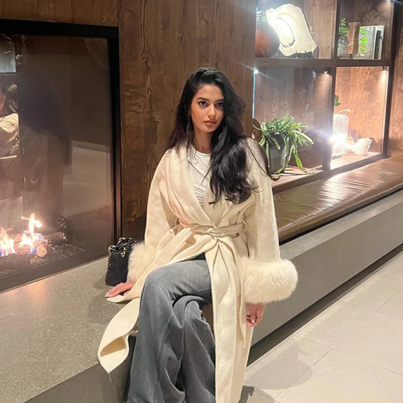 Elegant Solid Long Overcoat Women Turn-down Collar Lace Up Full Sleeve Classic Warm Coat 2025 New Lady Autumn Winter Casual Wear