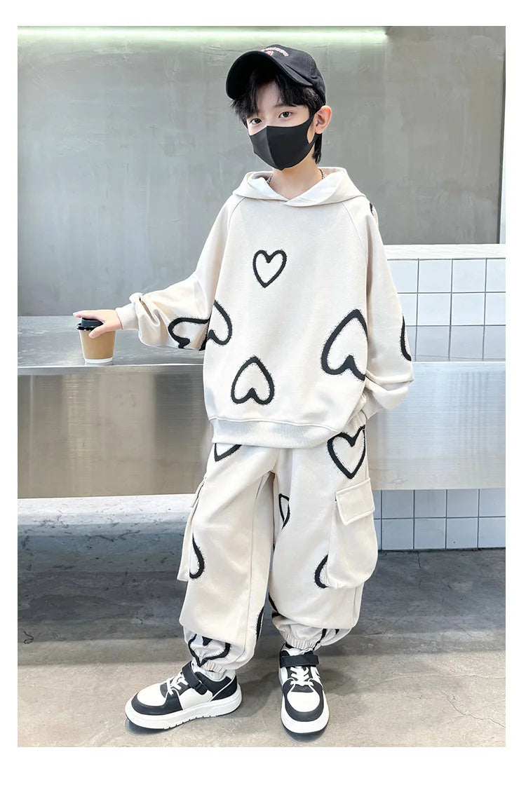 M&T Wear - Tracksuits for Kids 2025 Autumn Heart Print Casual School Boys Girls Hoodies+Pants Suits 5-14Years Teen Children Clothes Outfits