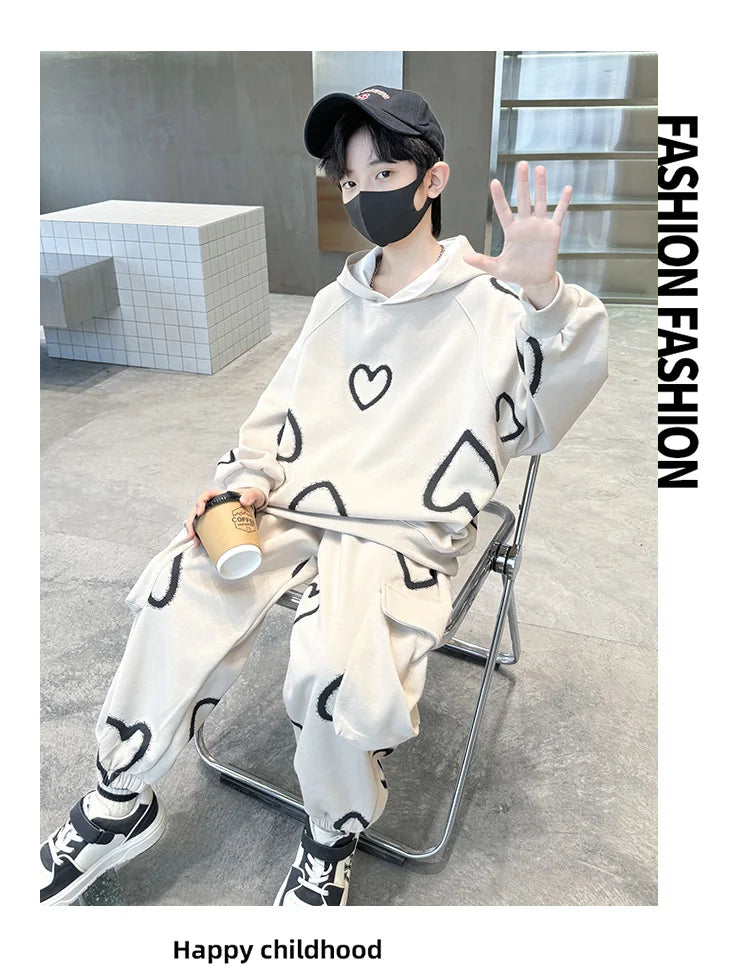 M&T Wear - Tracksuits for Kids 2025 Autumn Heart Print Casual School Boys Girls Hoodies+Pants Suits 5-14Years Teen Children Clothes Outfits