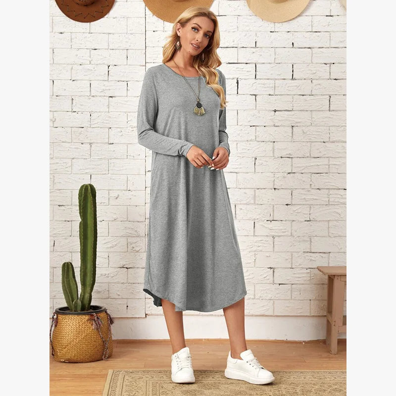 Women's 2025 Fall Winter Knit Dress - Solid Color Swing Dress with Side Pockets, Casual A-Line Tunic Dress