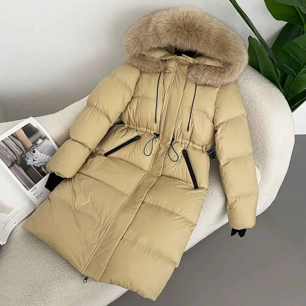 M&T Wear - Luxury Real Fox Fur Hooded White Duck Down Long Coat