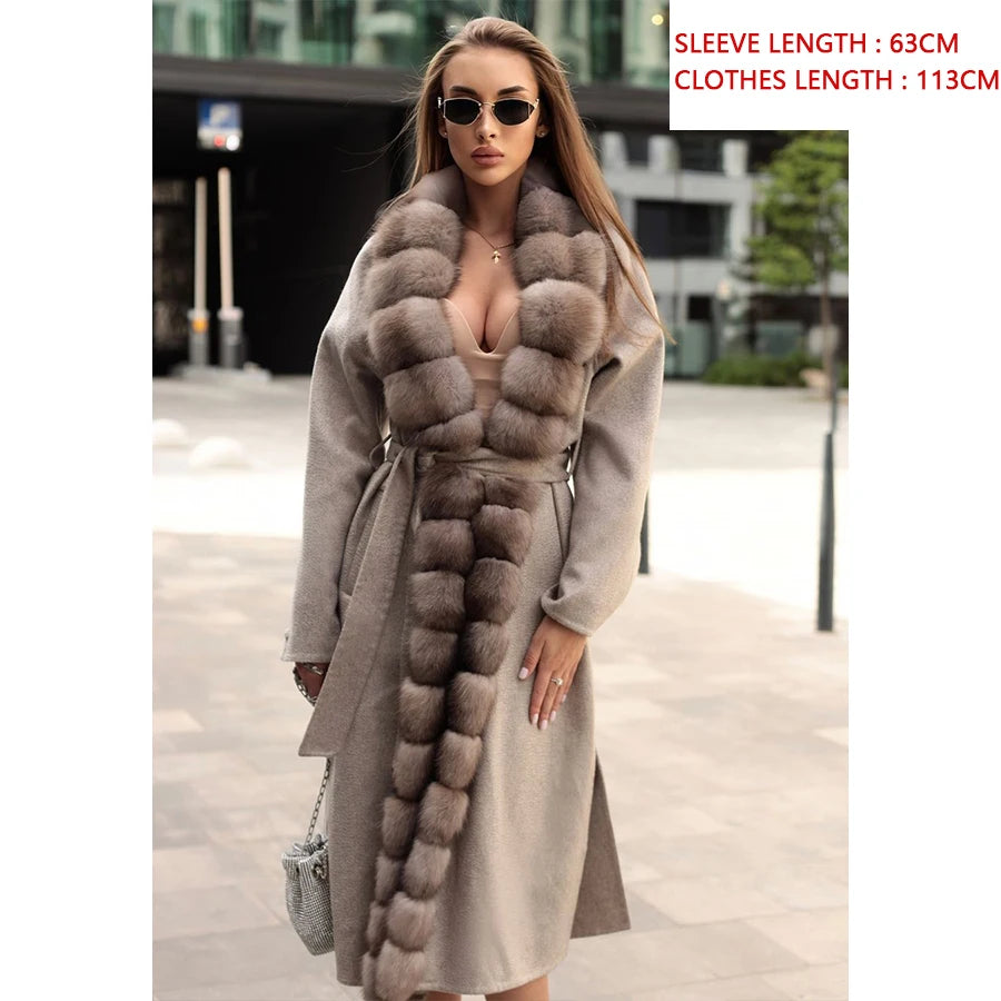 M&T Wear - Luxury Natural Wool Long Coat with Real Fox Fur Trim