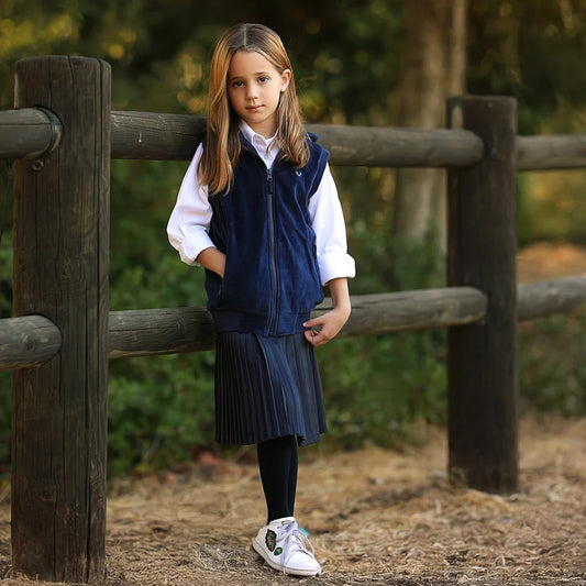 M&T Wear - Kids school clothes boy/girl school vest navy velour lining hooded outside jacket front zippers and embroided heart kids tops