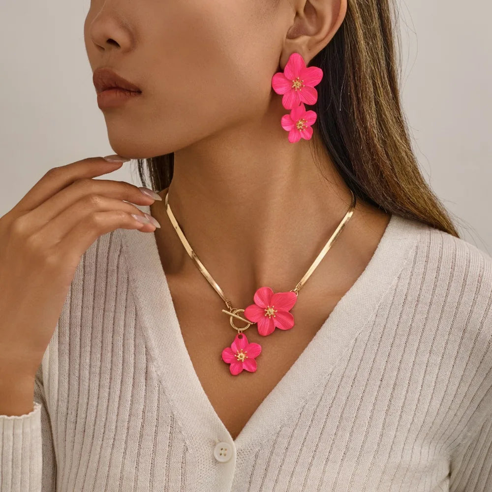 M&T Wear - Elegant Flower Pendant Necklace & Earrings Set for Women