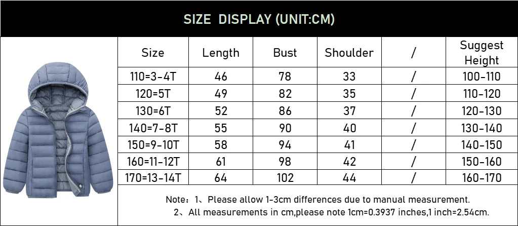 M&T Wear - Kids Down Jackets For 3-14 Years Autumn Winter Boys Girls Warm Solid Down Coats Teens Hooded Zipper Outerwear Children Clothing
