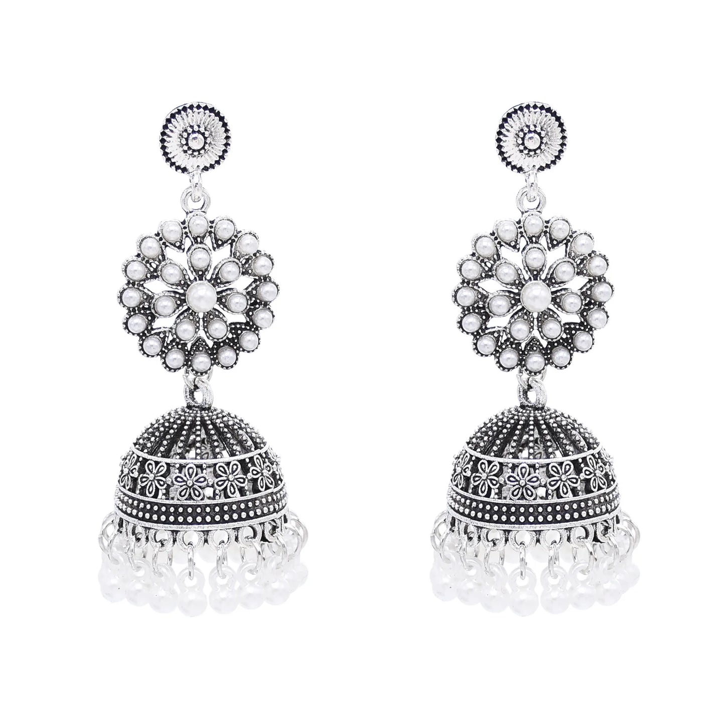 M&T Wear - Traditional Indian Jhumka Earrings for Women | Vintage Peacock Bell Design with Pearl Beads