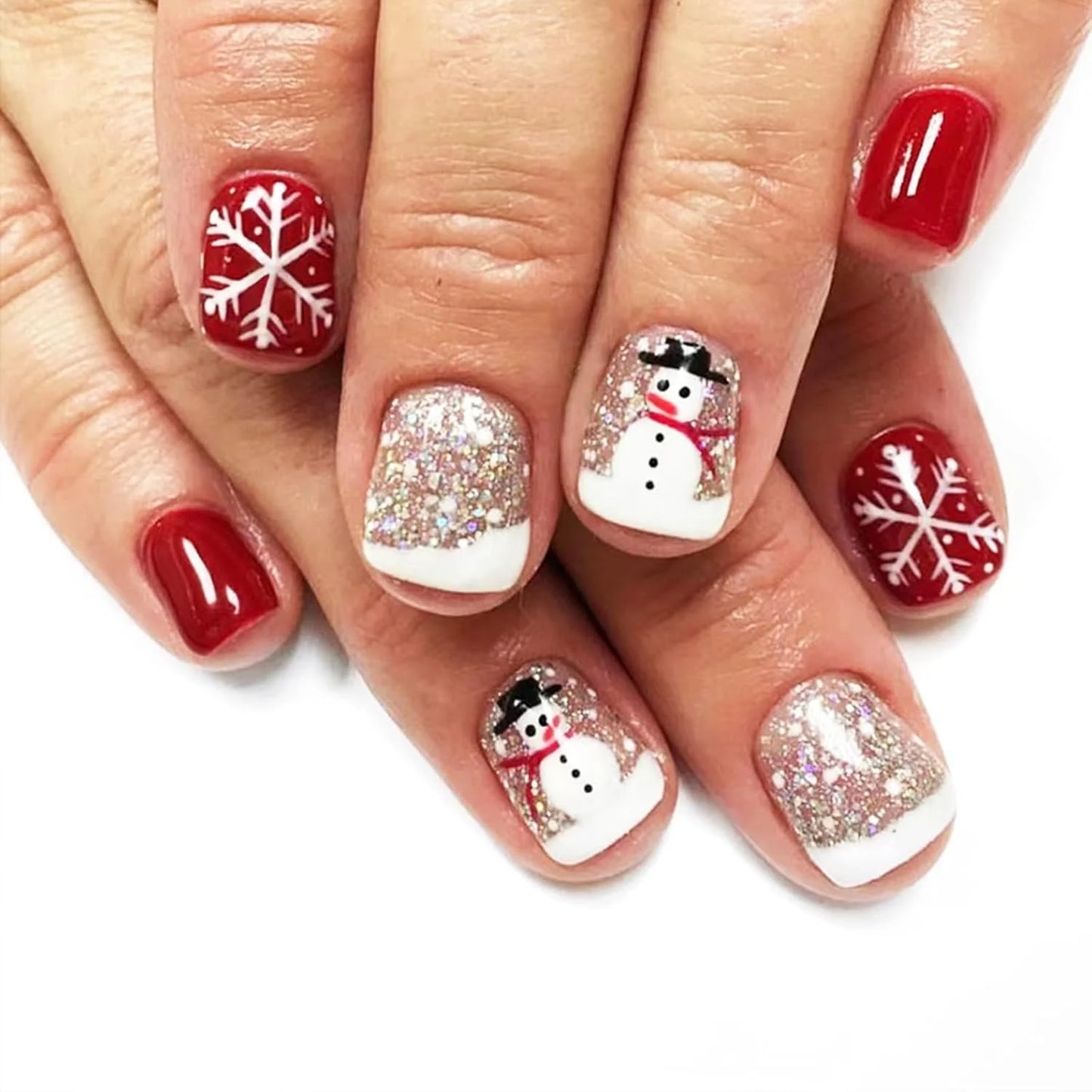 M&T Wear – 24PCS Christmas Red Short Square Fake Nails | Snowflake & Snowman Design
