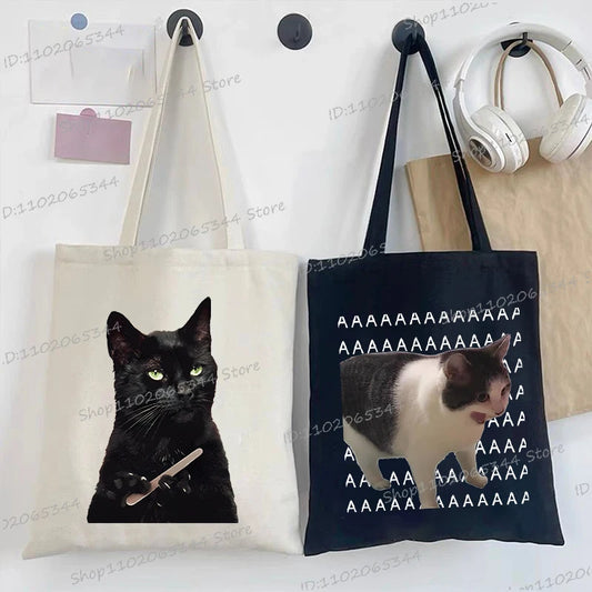 M&T Wear - Women’s Meme Cat Canvas Tote Bag | Funny Cartoon Shoulder Bag
