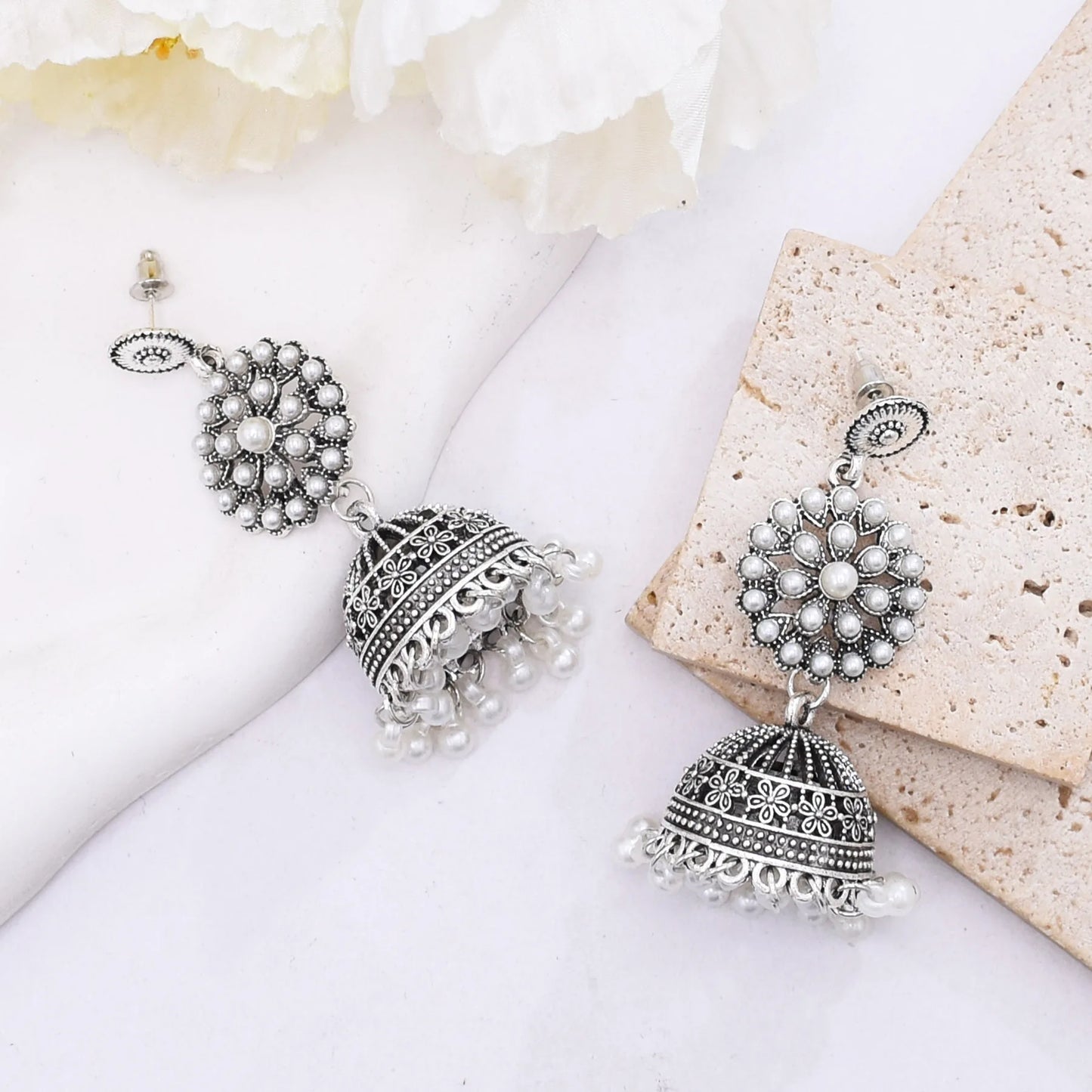 M&T Wear - Traditional Indian Jhumka Earrings for Women | Vintage Peacock Bell Design with Pearl Beads