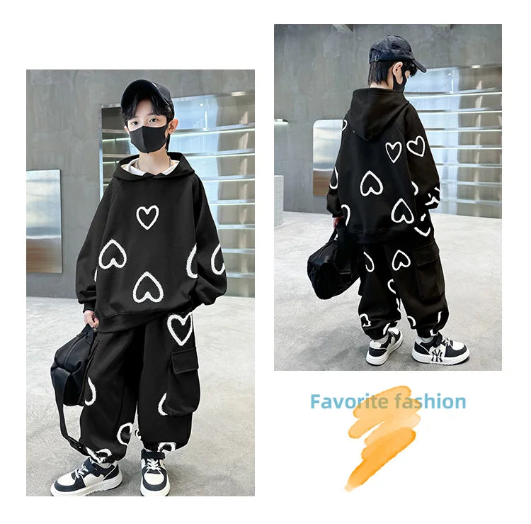 M&T Wear - Tracksuits for Kids 2025 Autumn Heart Print Casual School Boys Girls Hoodies+Pants Suits 5-14Years Teen Children Clothes Outfits