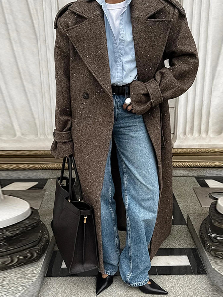 M&T Wear - Elegant Lace-Up Double-Breasted Long Wool Overcoat