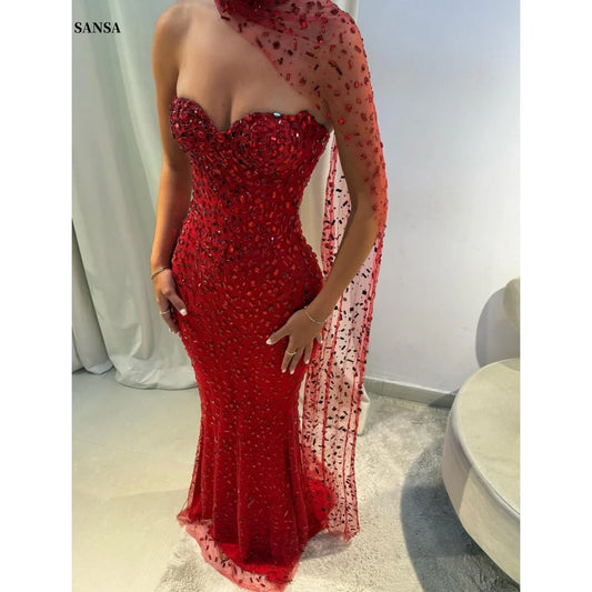 M&T Wear - Sansa Customized Red Mermaid Glitter Strapless Prom Dresses Floor