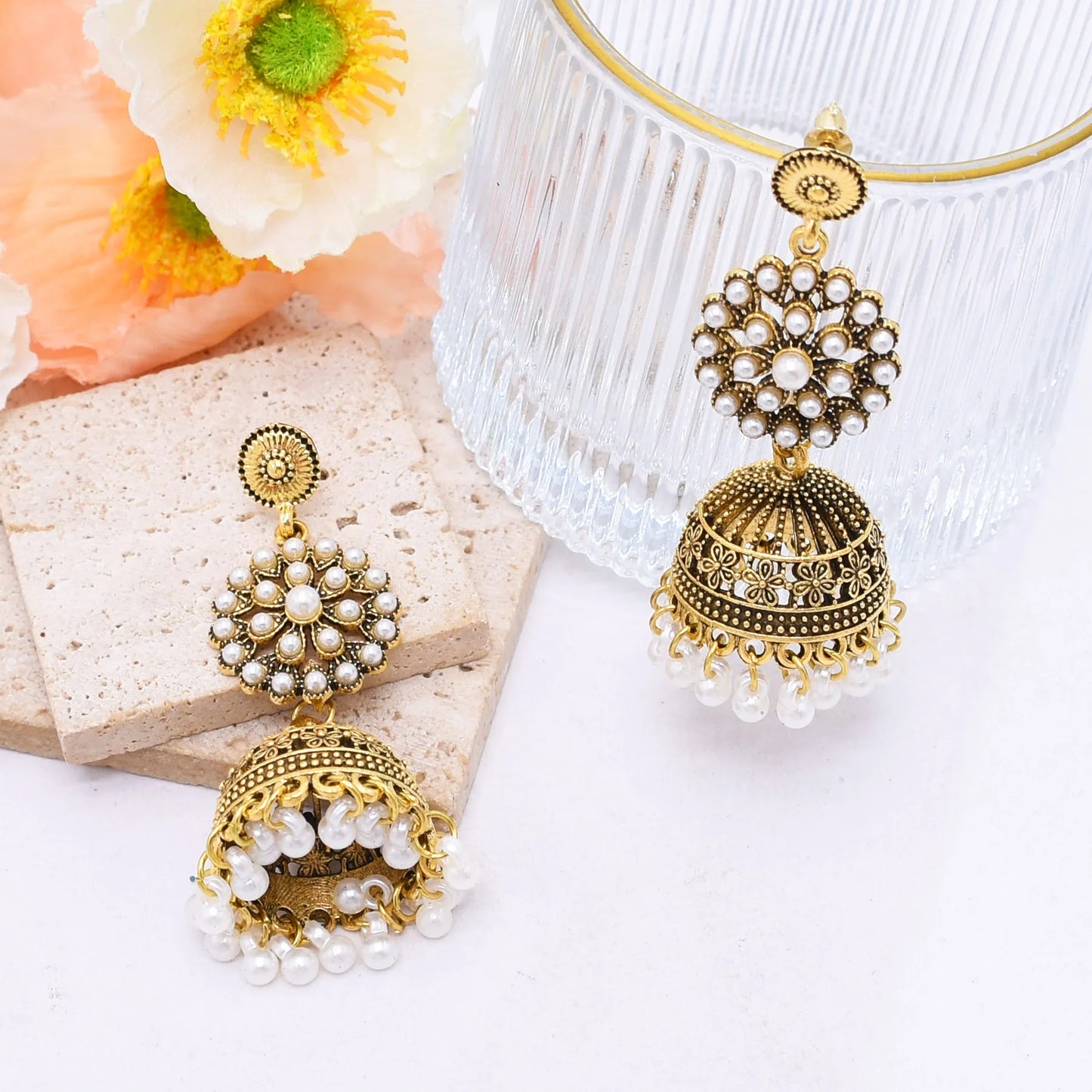M&T Wear - Traditional Indian Jhumka Earrings for Women | Vintage Peacock Bell Design with Pearl Beads