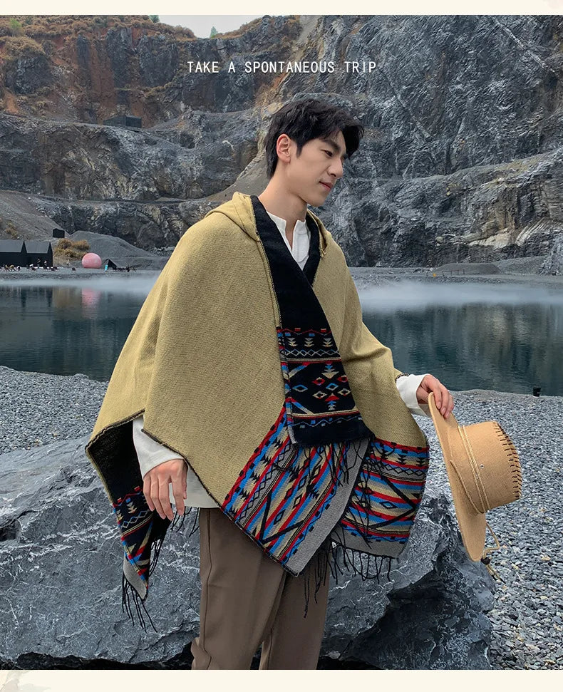 M&T Wear - Winter New Bohemian Shawl Men Ponchos Cashmere Blend Cape Coat Fringe Poncho Vintage Tassel Scarf Hooded Wraps Outwear