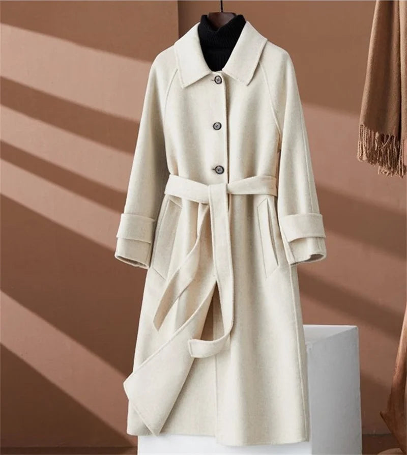 100% Wool Coat Women's Wear 2024 Autumn/Winter Fashion Temperament Double sided Cashmere Coats with Belt Elegant Long Overcoat
