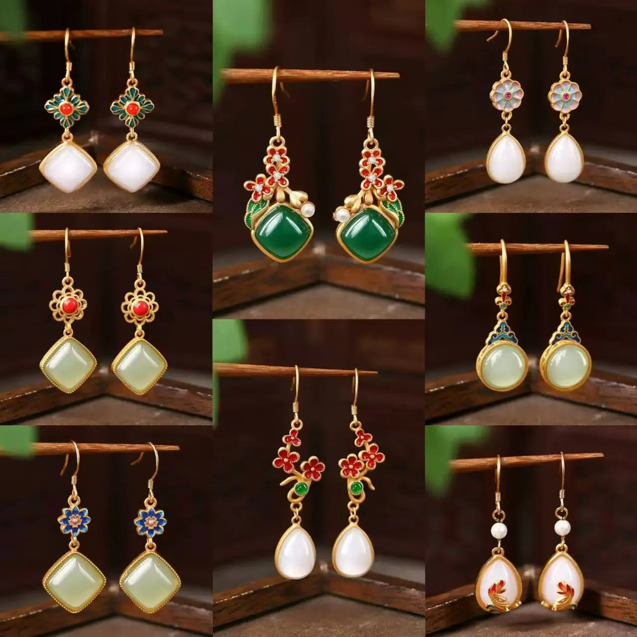 M&T Wear - Vintage Gilded Enamel Water-Drop Jade Earrings