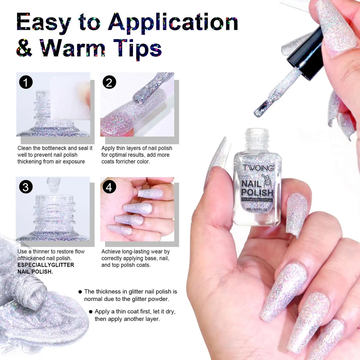 M&T Wear - 8ml Holographic Silver Glitter Nail Polish