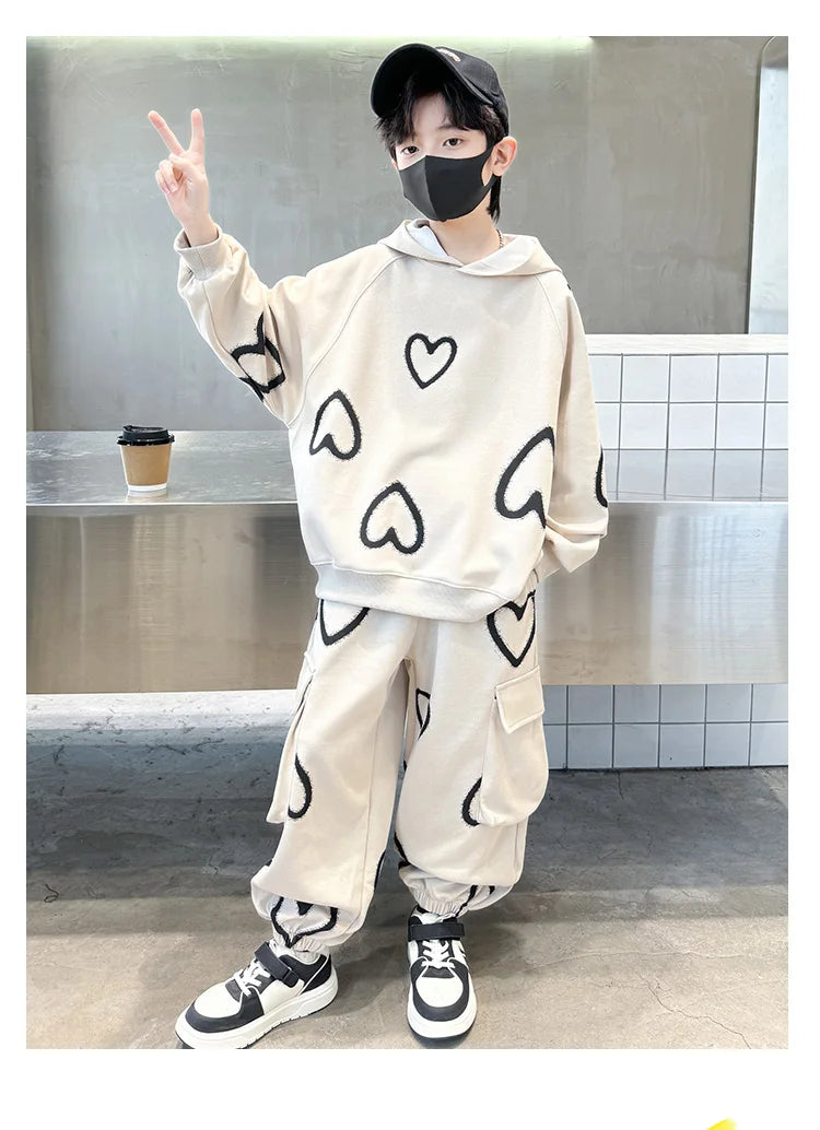 M&T Wear - Tracksuits for Kids 2025 Autumn Heart Print Casual School Boys Girls Hoodies+Pants Suits 5-14Years Teen Children Clothes Outfits